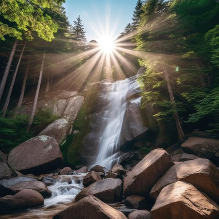 Beautiful waterfall in the forest with sun rays and lens flareの素材