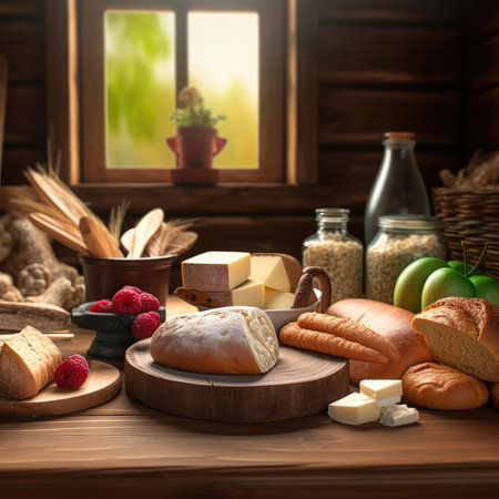 Composition with bread, cheese and other products in rustic styleの素材
