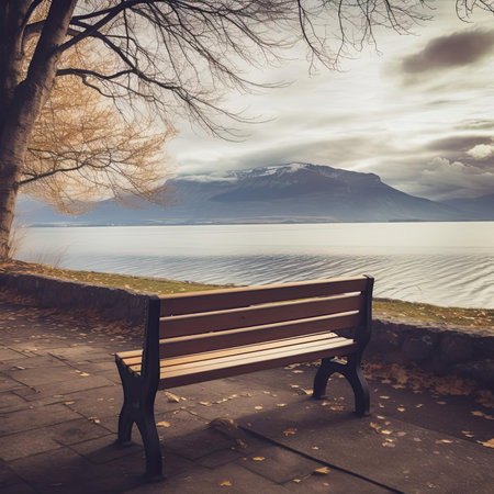 Bench on the shore of a lakeの素材