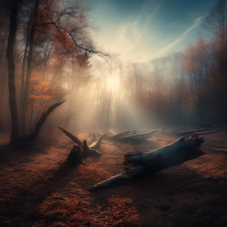 Foggy morning in the autumn forest - landscape with fogの素材