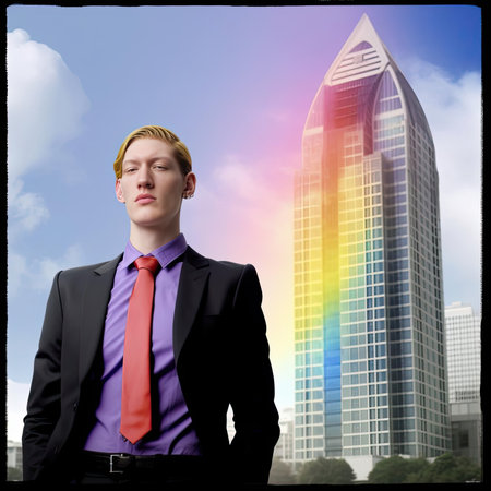 Young handsome businessman looking away against skyscrapers and rainbow in skyの素材