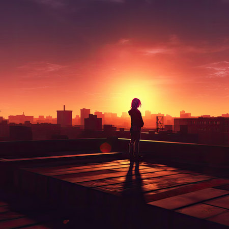 Silhouette of a young woman standing on the roof of a building and looking at the sunsetの素材