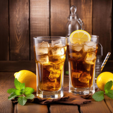 Iced tea with lemon and mint in a glass on wooden backgroundの素材