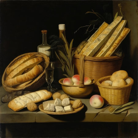 Still life with bread, wine, baguette and other productsの素材
