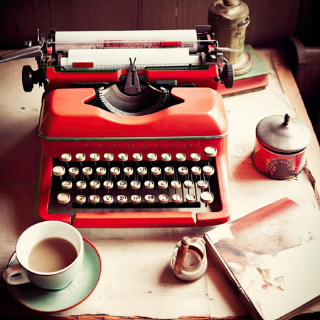 Retro typewriter and coffee cup on wooden table - vintage style toned pictureの素材