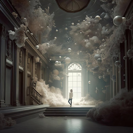 Woman in dark room with window and clouds of smoke - mixed mediaの素材
