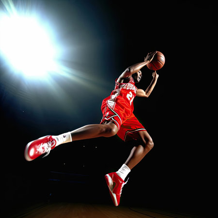 Basketball player in action on black background, 3D render illustrationの素材