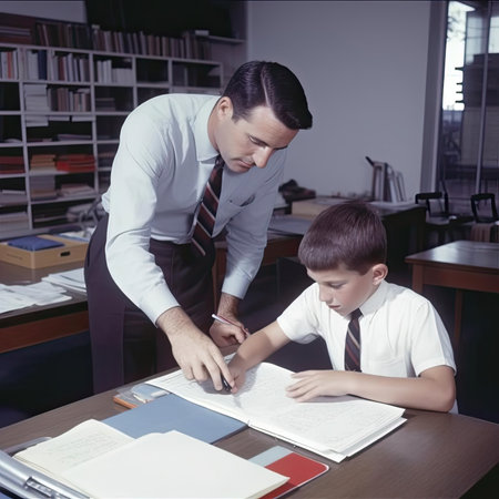 father helping son to do homework in the classroom at school, education conceptの素材