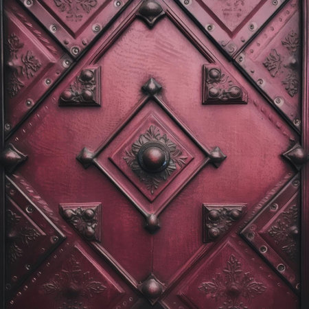 Old red wooden door with metal ornament - abstract background and texture for desigの素材