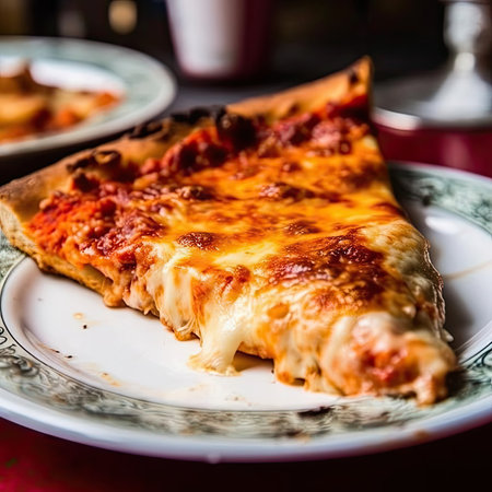 Pizza with mozzarella cheese and tomato sauce on a plateの素材