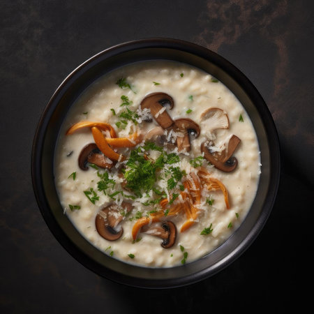 Bowl of porridge with mushrooms and parsley on dark backgroundの素材