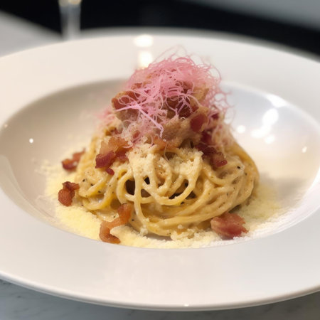 Spaghetti Carbonara with bacon and parmesan on white plateの素材