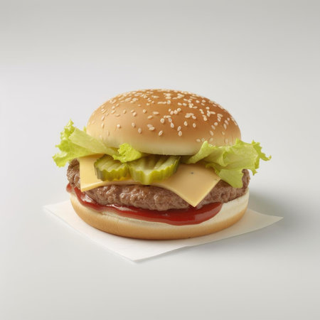 Hamburger with cheese and lettuce on white backgroundの素材