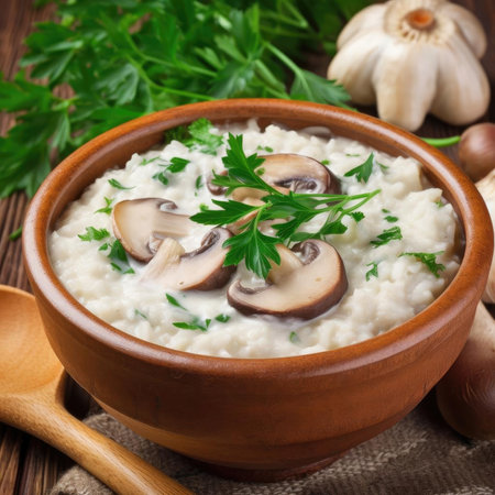 Mushroom risotto with parsley in a bowl on the tableの素材