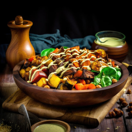 roasted meat with vegetables in a wooden bowl on a dark backgroundの素材