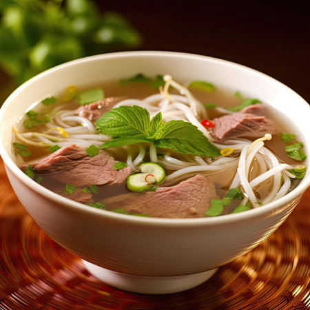 Vietnamese noodle soup with beef and vegetables in a bowlの素材