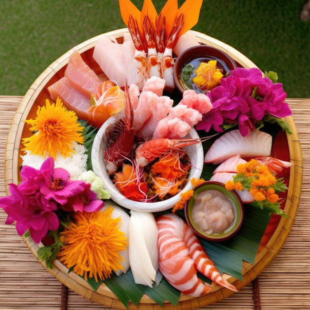 Sashimi, japanese food in bamboo bowl on tableの素材