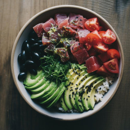 Tuna poke bowl with avocado, tomato, black sesame, and cucumberの素材