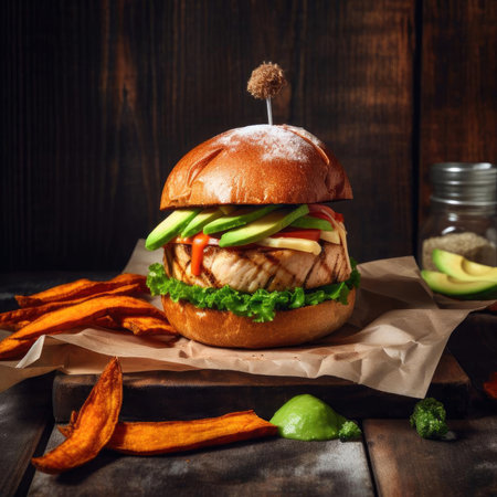 Hamburger with grilled chicken, avocado, and sweet potato on wooden backgroundの素材
