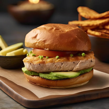 Tuna burger with potato chips on wooden board - close upの素材