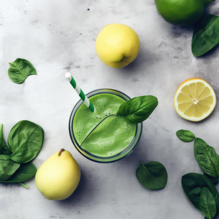 Green smoothie with pears, lemons, and basil leavesの素材