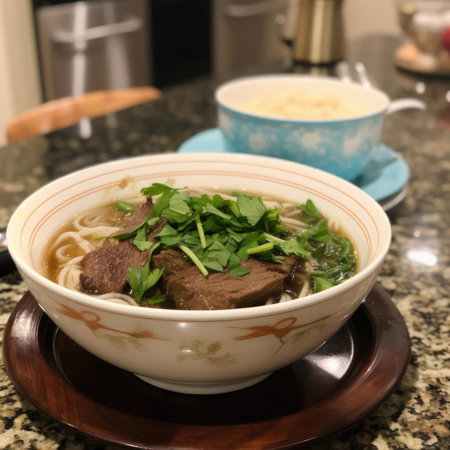 A bowl of beef noodle soup with a bowl of soup in the backgroundの素材