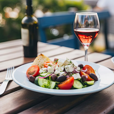 Greek salad with feta cheese, tomato, cucumber, and olivesの素材