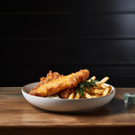 Fish and chips in a plate on a wooden table - dark backgroundの素材