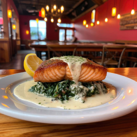 Grilled salmon steak with spinach and lemon on white plate in restaurantの素材