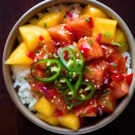Hawaiian salmon poke bowl with rice, mango, bell pepper, and sesame seedsの素材