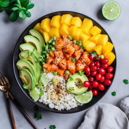 Hawaiian poke bowl with mango, avocado, cucumber, radish, and avocadoの素材