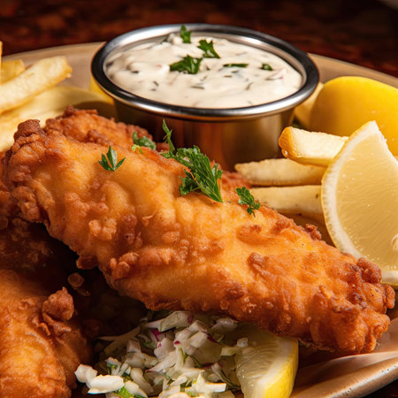 Traditional fish and chips with tartar sauce on a wooden tableの素材