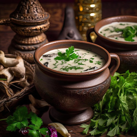 Mushroom soup with cream and parsley in a clay potの素材