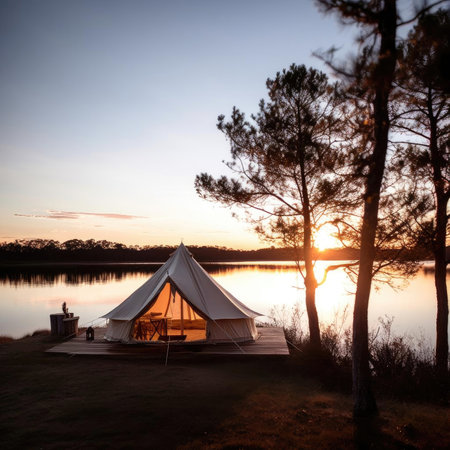 Camping tent on lake shore at sunset - camping equipmentの素材
