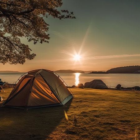 Camping tent on a lake shore at sunset - camping in natureの素材