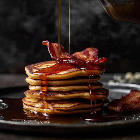 Pancakes with maple syrup and bacon on a dark backgroundの素材