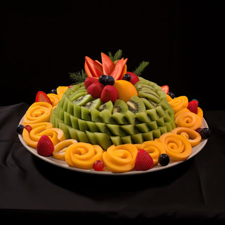 Fruit cake with fresh fruits on a black backgroundの素材