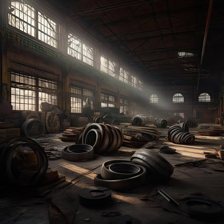 Abandoned industrial warehouse with a lot of raw materialの素材
