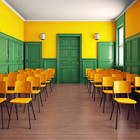 Classroom interior with yellow chairs and green doorsの素材