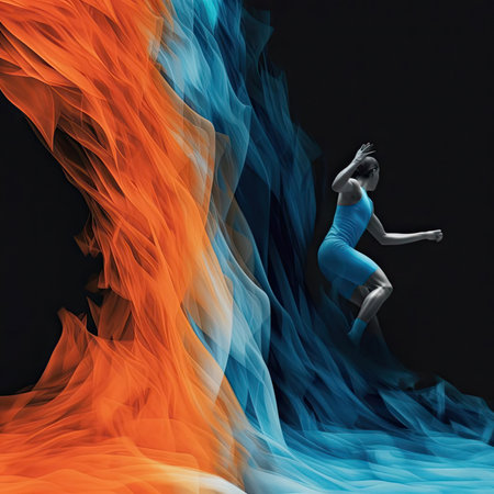 Modern ballet dancer in blue and orange dress on black backgroundの素材