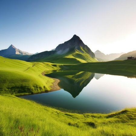 Mountain lake with reflection in the waterの素材