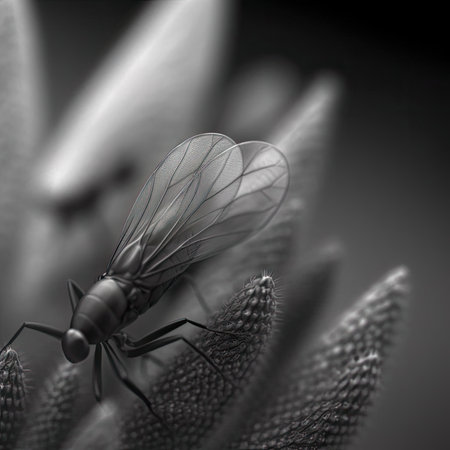 Macro of a fly on a plant in black and whiteの素材