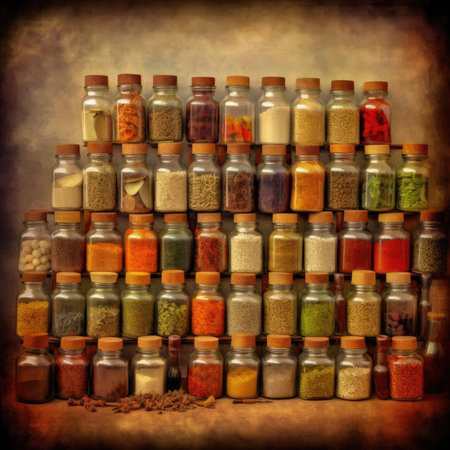 Spices and herbs in glass bottles on grunge background, vintage styleの素材