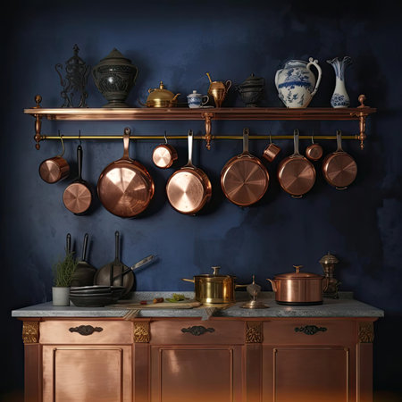 Kitchen interior with copper utensils on the shelfの素材