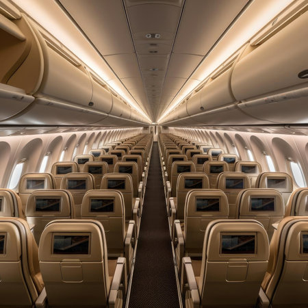 Interior of a commercial airplane with rows of seats in the cabinの素材