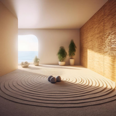 Interior of a minimalistic room with sand drawings and sea viewの素材