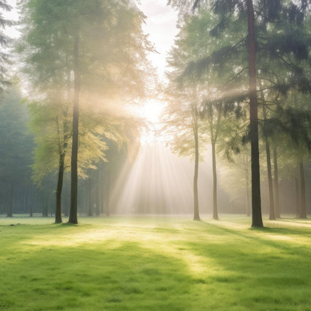 Sunlight in the morning foggy forest - beautiful natural landscapeの素材
