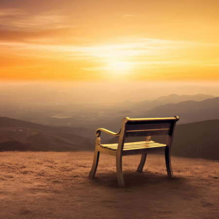 Wooden chair on the top of the mountain with beautiful sunrise backgroundの素材