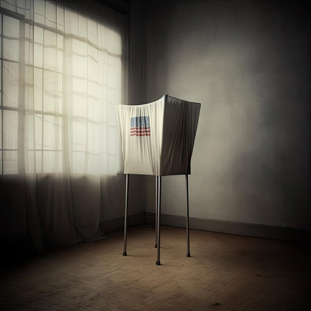 A dark room with a window and a voting boothの素材