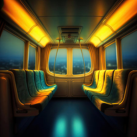 Interior of a train with seats in yellow and blue colorsの素材